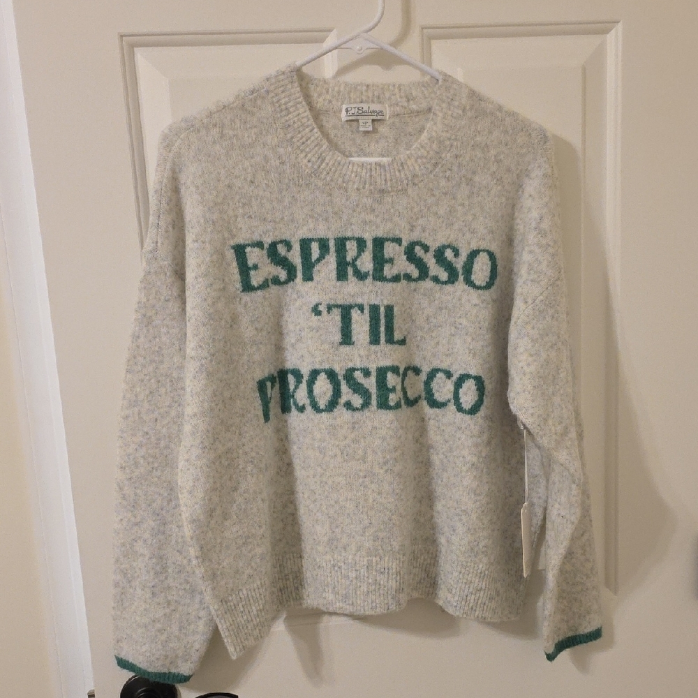 Espresso 'Til Prosecco Sweater - Grey and Green Super Soft Size S Relaxed Fit